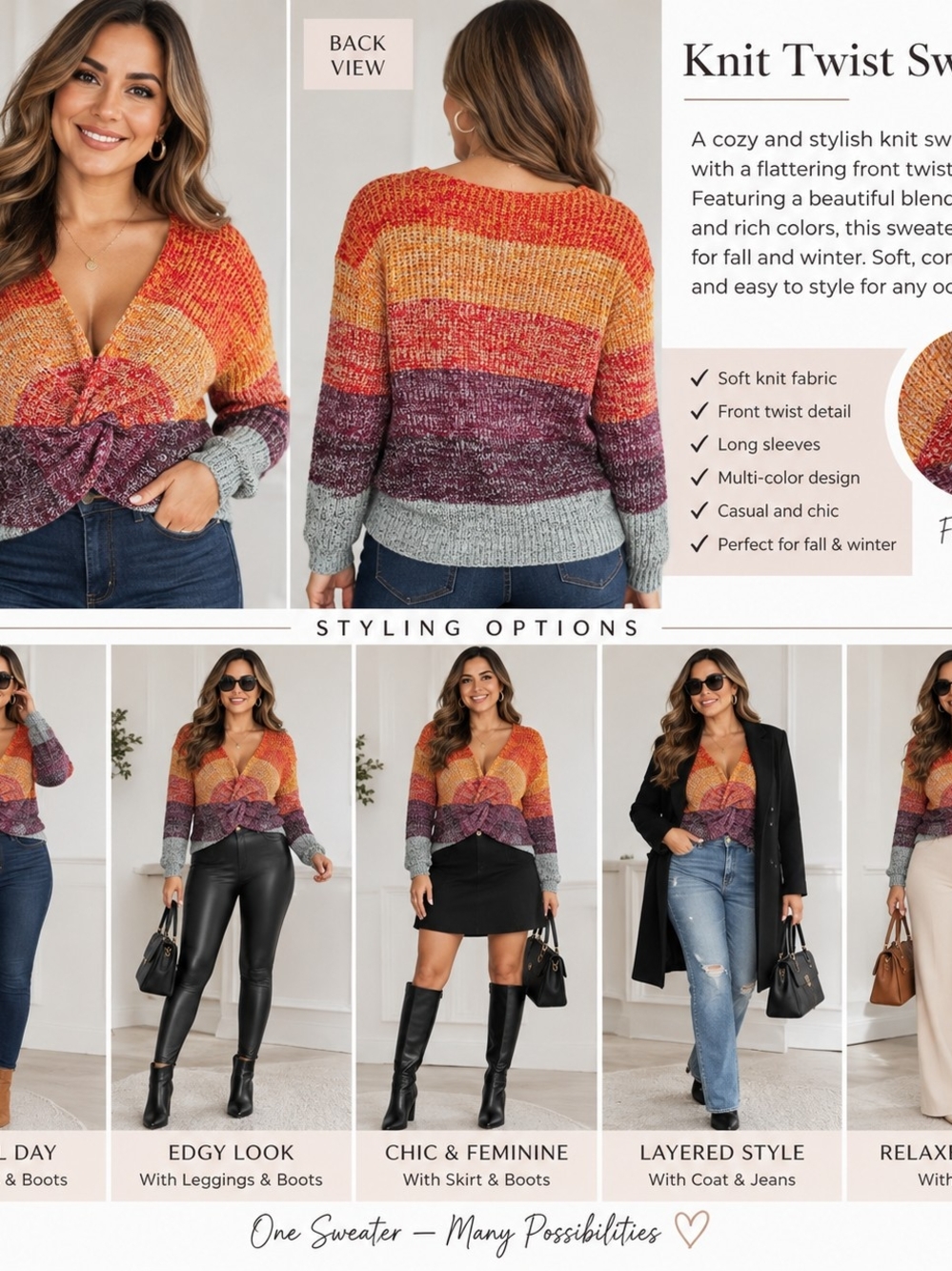 Chesley Multicolor Twist-Front V-Neck Sweater - Orange/Purple/Gray